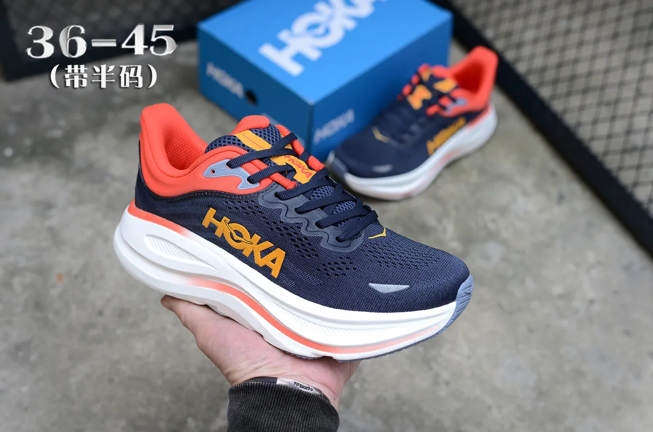Hoka Navy Orange zapatillas de running upper de knit ingenieril media suela gruesa acolchonada 3