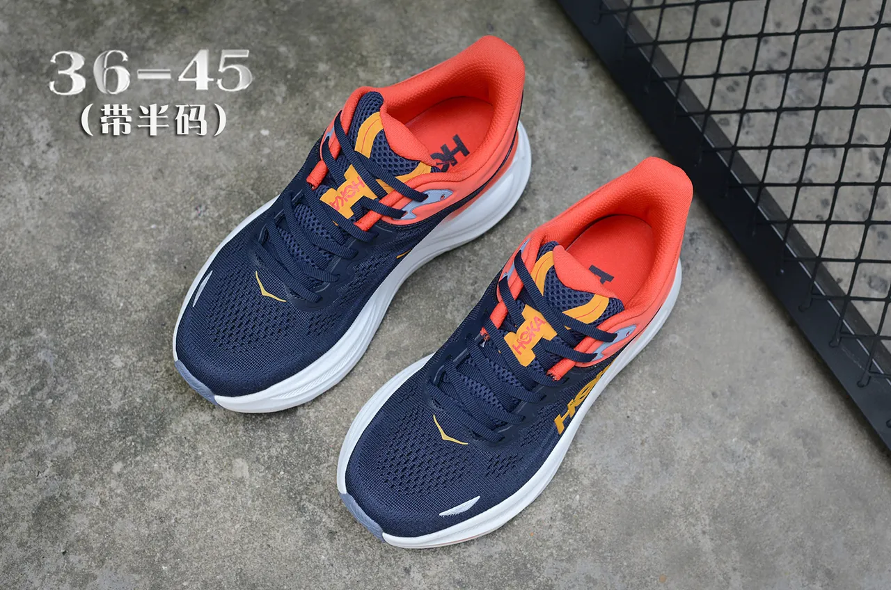 Hoka Navy Orange zapatillas de running upper de knit ingenieril media suela gruesa acolchonada 4