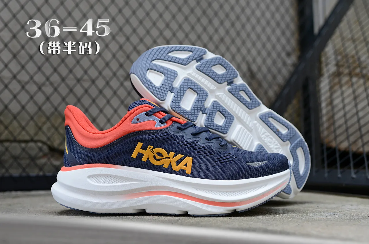 Hoka Navy Orange zapatillas de running upper de knit ingenieril media suela gruesa acolchonada 7