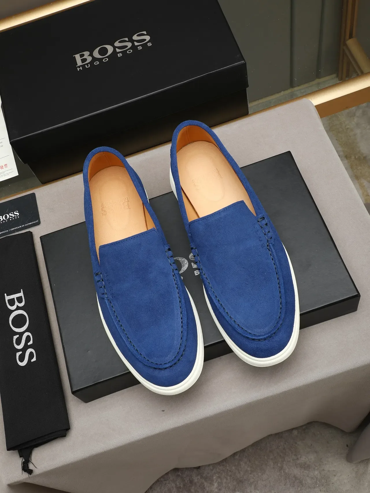 Hugo Boss Blue White Suede Upper Penny Strap Loafer 2