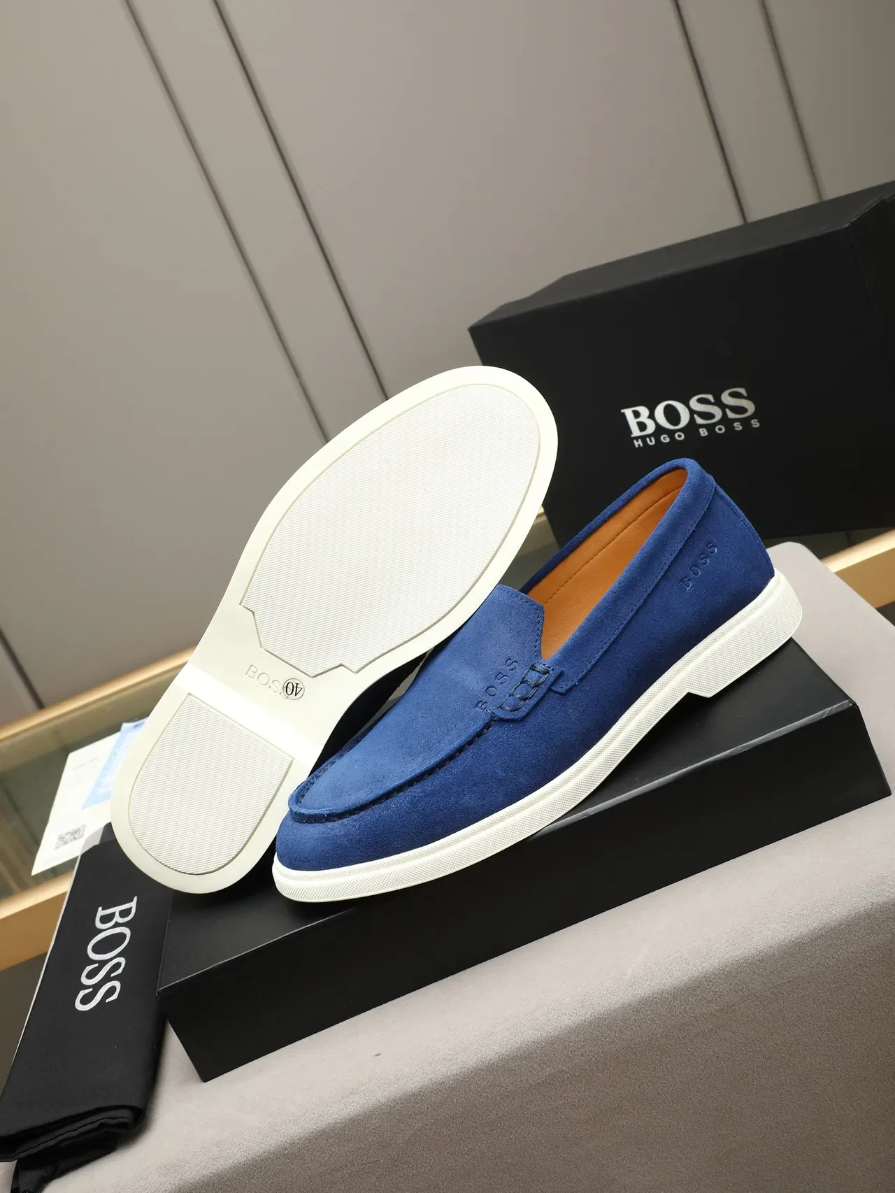 Hugo Boss Blue White Suede Upper Penny Strap Loafer 4