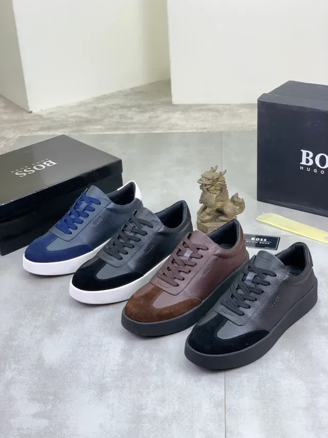 Hugo Boss Gray Navy Pebbled Leather And Suede Paneling Contrast Laces Sneakers 2