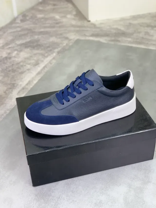 Hugo Boss Gray Navy Pebbled Leather And Suede Paneling Contrast Laces Sneakers 5