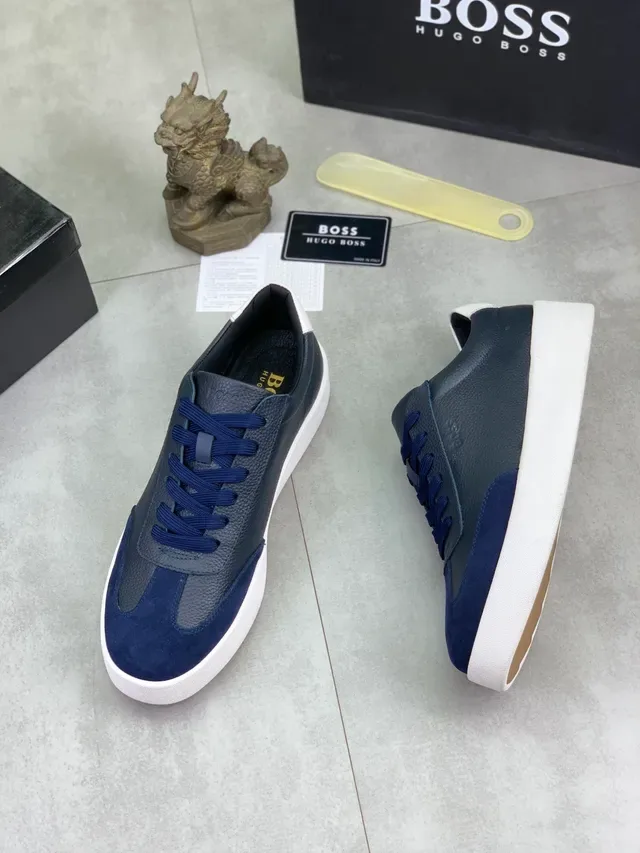 Hugo Boss Gray Navy Pebbled Leather And Suede Paneling Contrast Laces Sneakers 6
