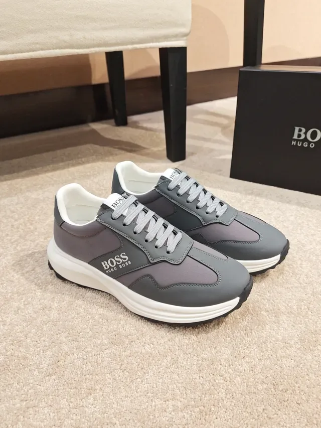 Hugo Boss Gray White Mixed-Material Upper Layered Wave-Shaped Midsole Sneakers 4
