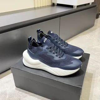 Hugo Boss Navy White Knit-Mesh Upper Sculpted Midsole Chunky Sneakers