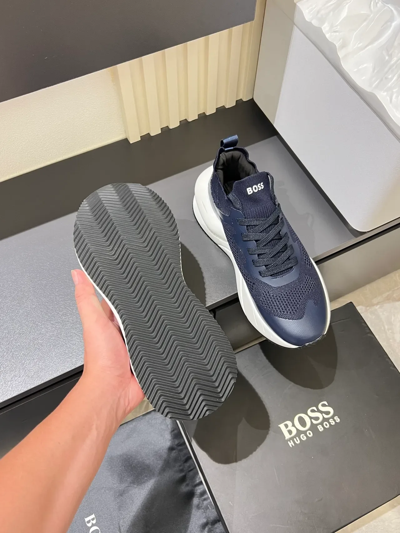 Hugo Boss Navy White Knit-Mesh Upper Sculpted Midsole Chunky Sneakers 3