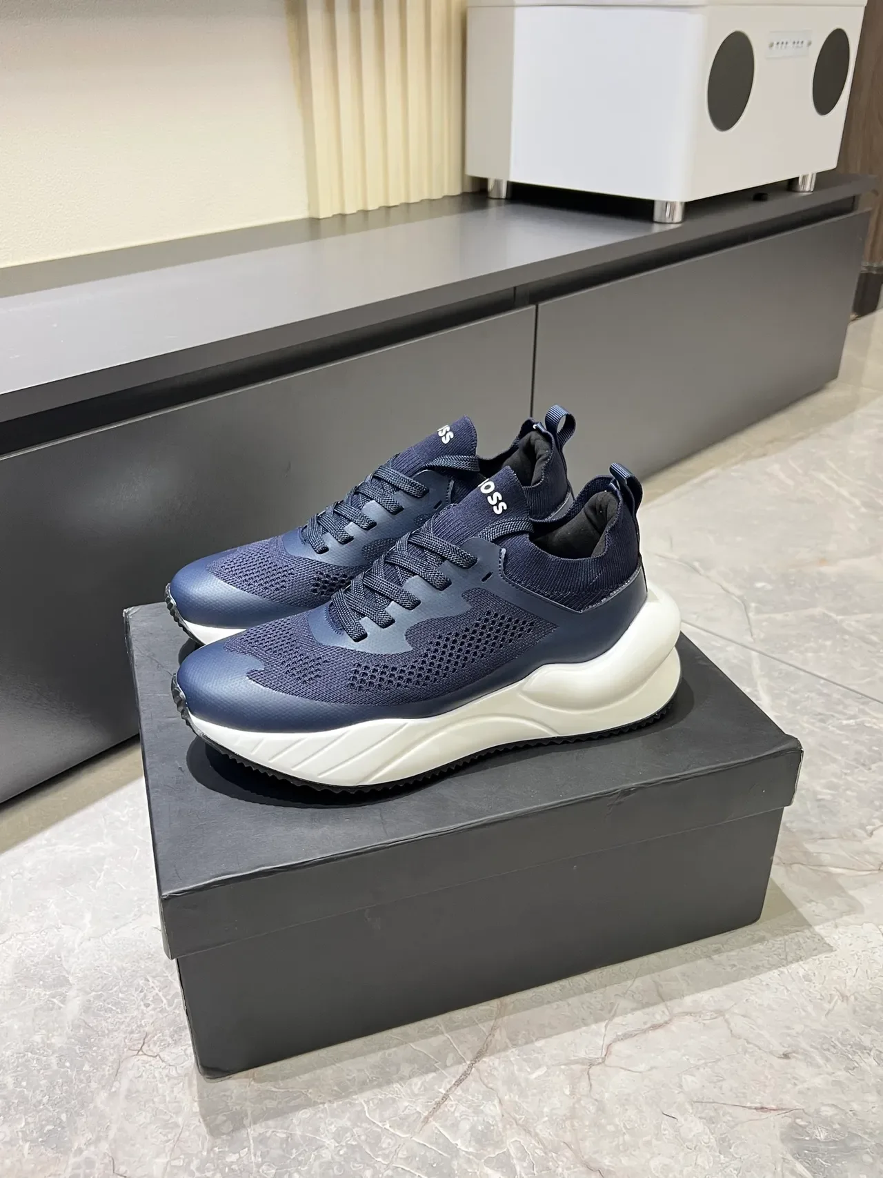 Hugo Boss Navy White Knit-Mesh Upper Sculpted Midsole Chunky Sneakers 4