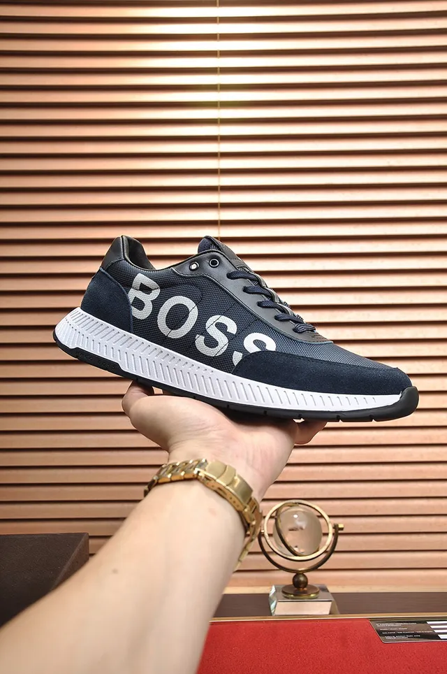 Hugo Boss حذاء رياضي أزرق بحري أبيض شبكي وصناعي الجزء العلوي شعار جانبي بارز 7