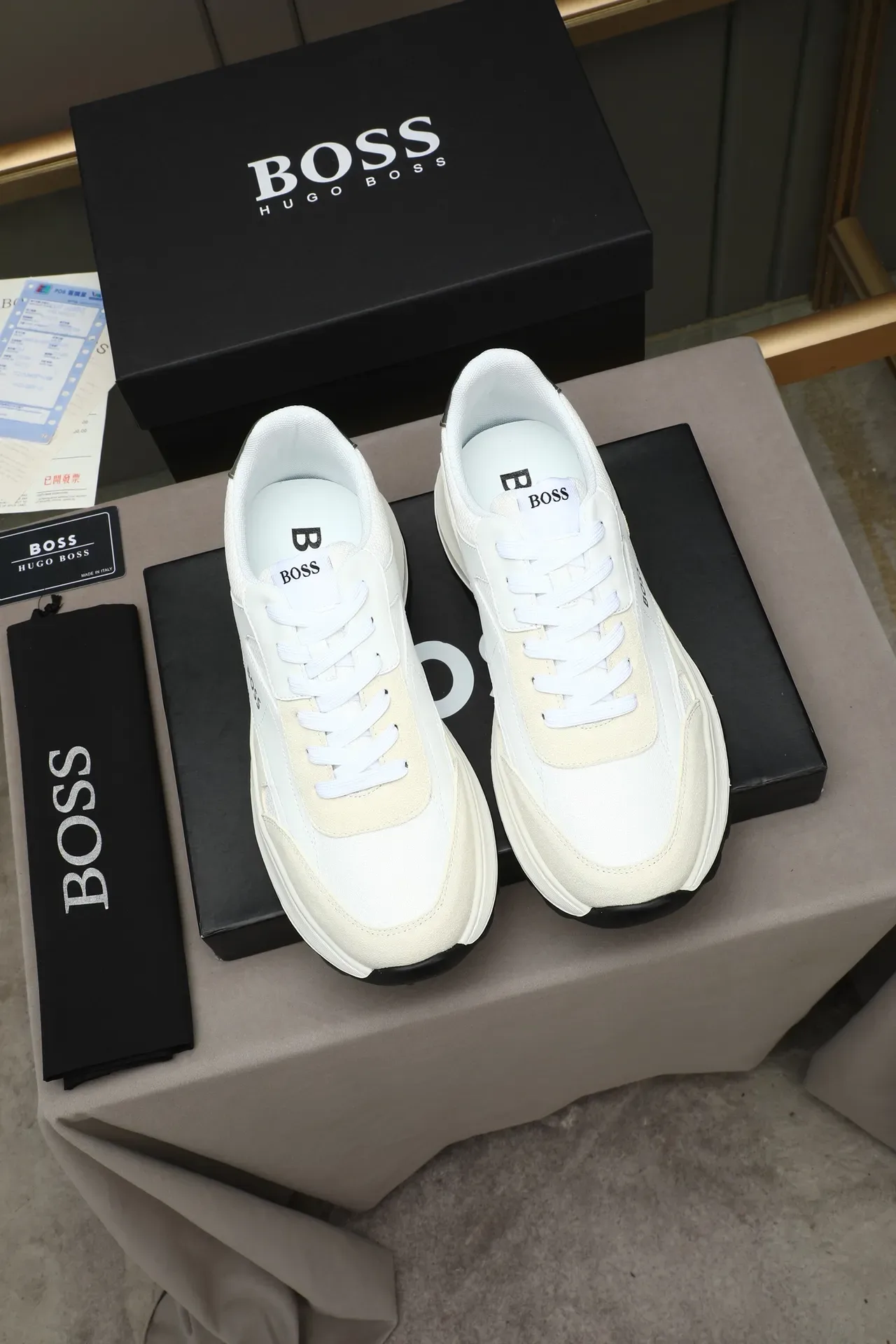 Hugo Boss White Beige Mixed-Material Upper Sculpted Midsole Sneakers 2