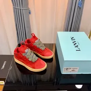 Lanvin Runner Red Beige High-Top Woven-Lace Detail Lifestyle Sneakers