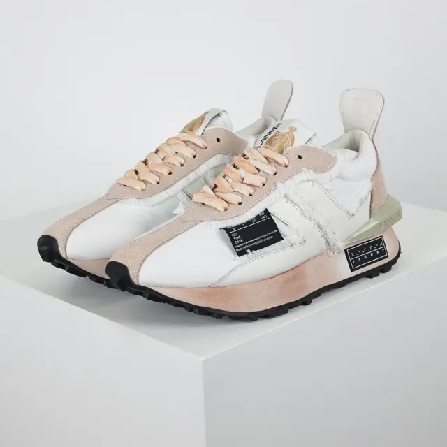 Lanvin White Beige Frayed Textile Overlay Asymmetrical Paneling Lifestyle Sneakers 2