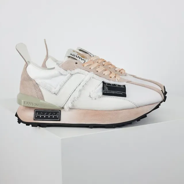 Lanvin White Beige Frayed Textile Overlay Asymmetrical Paneling Lifestyle Sneakers 3