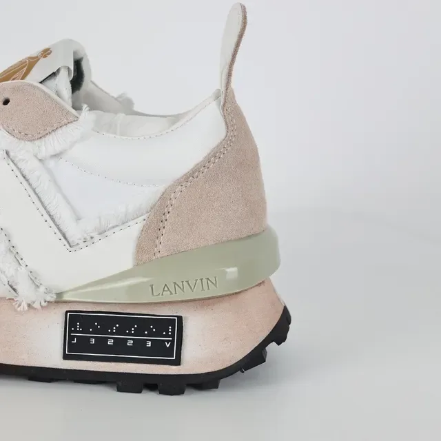 Lanvin White Beige Frayed Textile Overlay Asymmetrical Paneling Lifestyle Sneakers 4