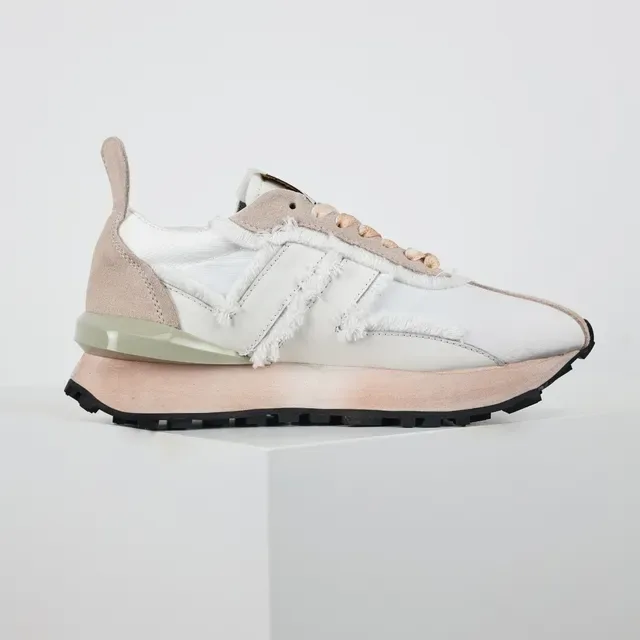 Lanvin White Beige Frayed Textile Overlay Asymmetrical Paneling Lifestyle Sneakers 7