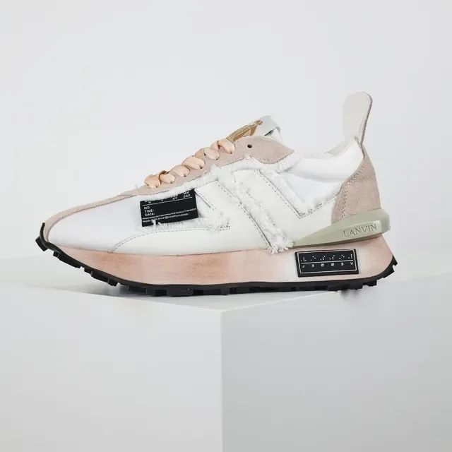 Lanvin White Beige Frayed Textile Overlay Asymmetrical Paneling Lifestyle Sneakers 9