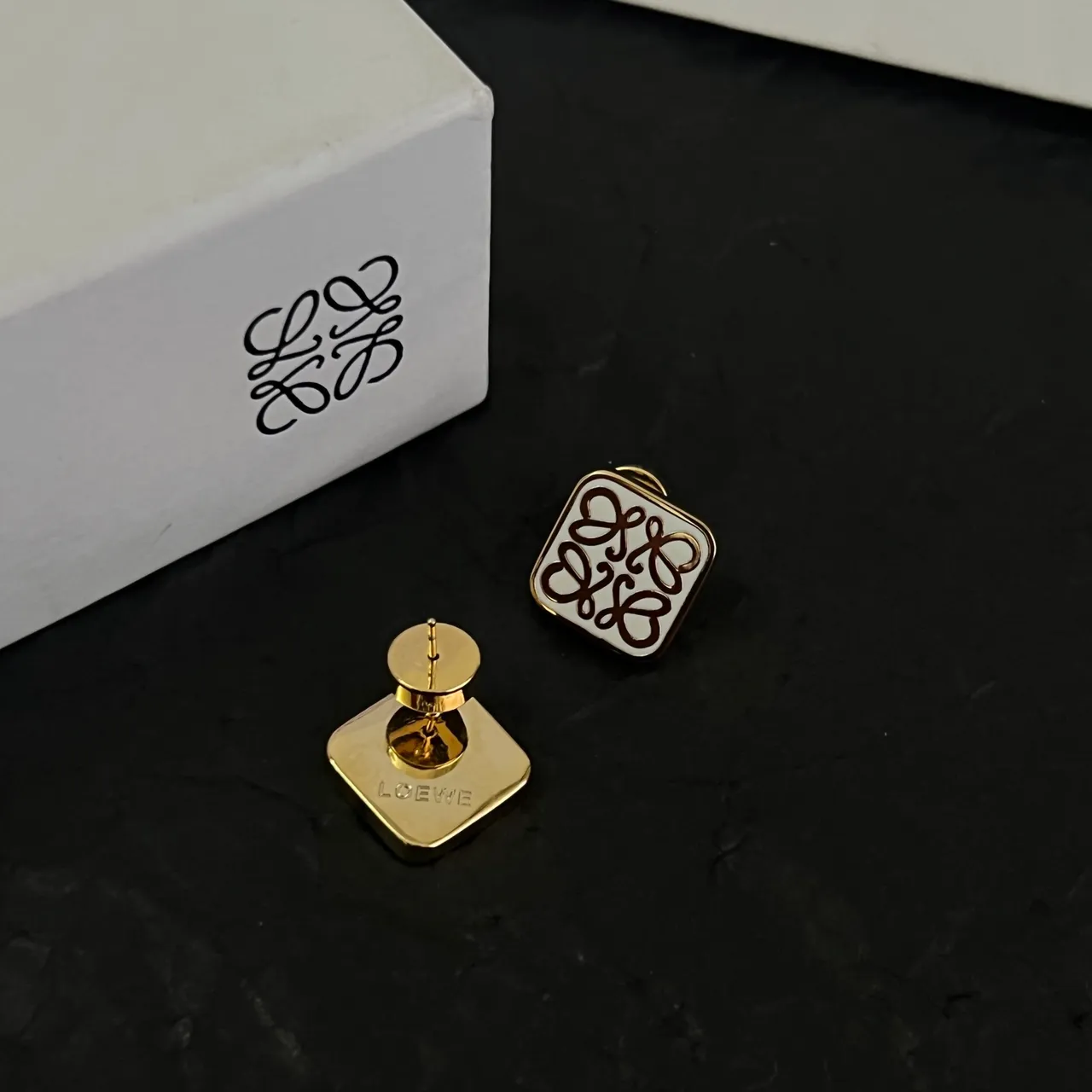 Loewe Anagram Stud Gold White Square Motif Earrings 3