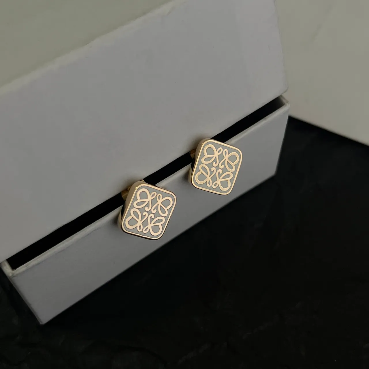 Loewe Anagram Stud Gold White Square Motif Earrings 4