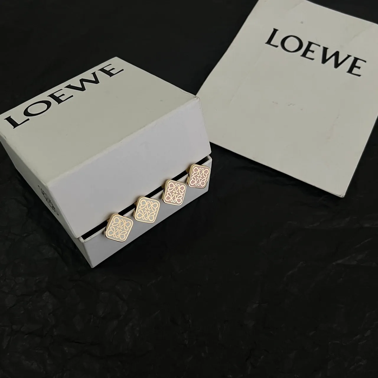 Loewe Anagram Stud Gold White Square Motif Earrings 5