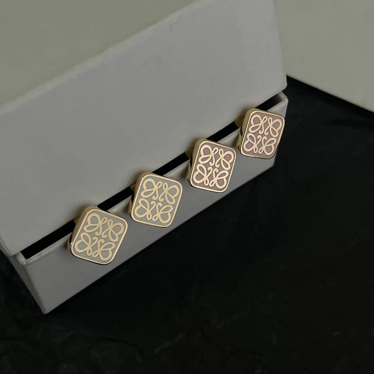 Loewe Anagram Stud Gold White Square Motif Earrings 6