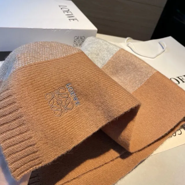 Loewe Bufanda de cashmere listrada marrom bege com borda ribeteada 9