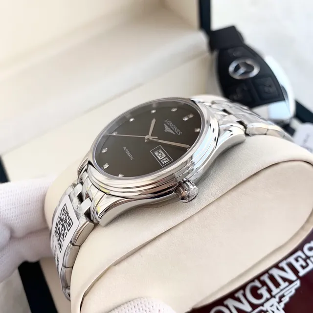 Longines Elegante Esfera Negra con Marcas de Diamante Reloj Mecánico 4