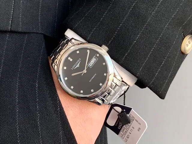 Longines Elegante Esfera Negra con Marcas de Diamante Reloj Mecánico 7