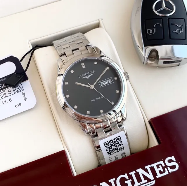 Longines Elegante Esfera Negra con Marcas de Diamante Reloj Mecánico 8