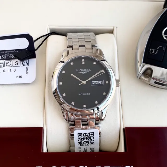 Longines Elegante Esfera Negra con Marcas de Diamante Reloj Mecánico 9