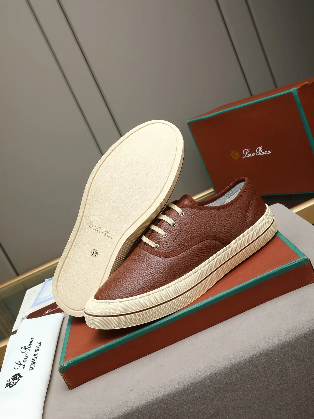 Loro Piana Brown Pebbled Leather Lace-Up Casual Shoe 4