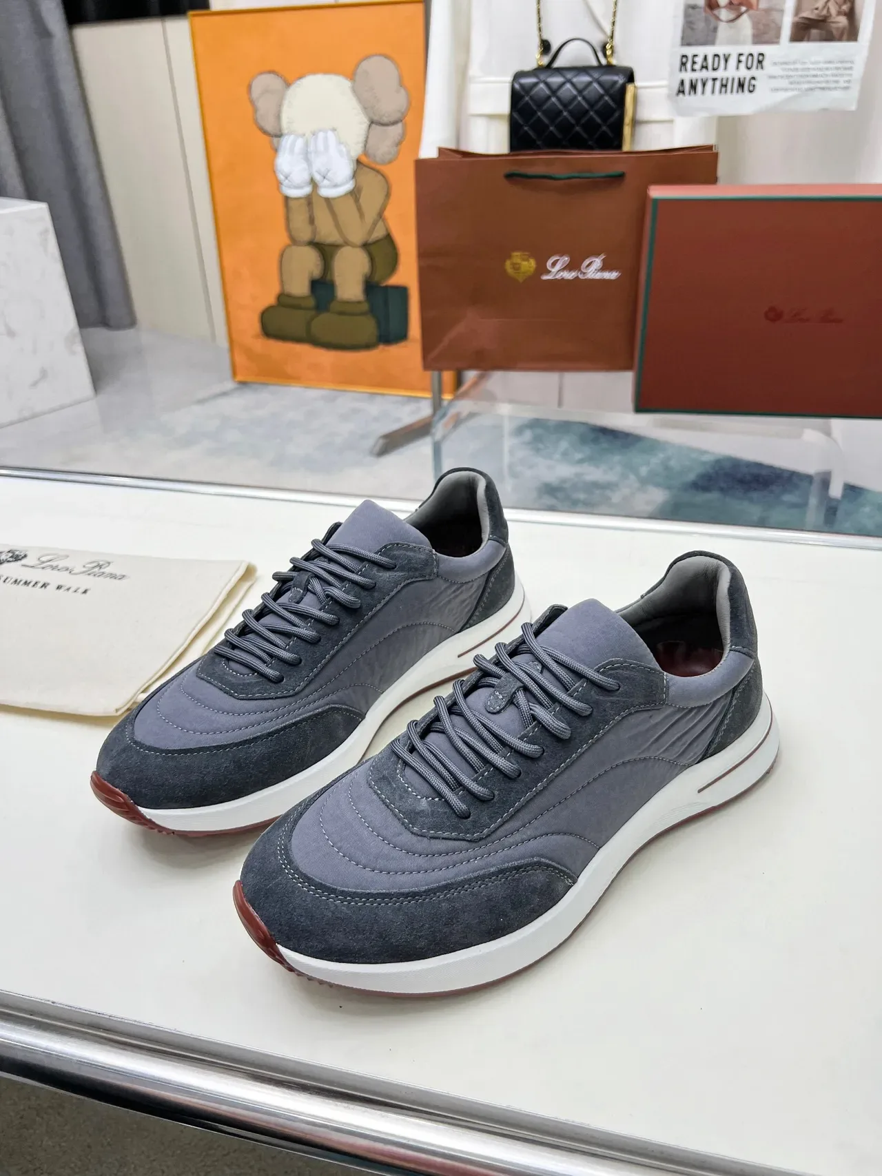 Loro Piana حذاء رياضي أسلوب حياة رمادي من السويد والنسيج 5
