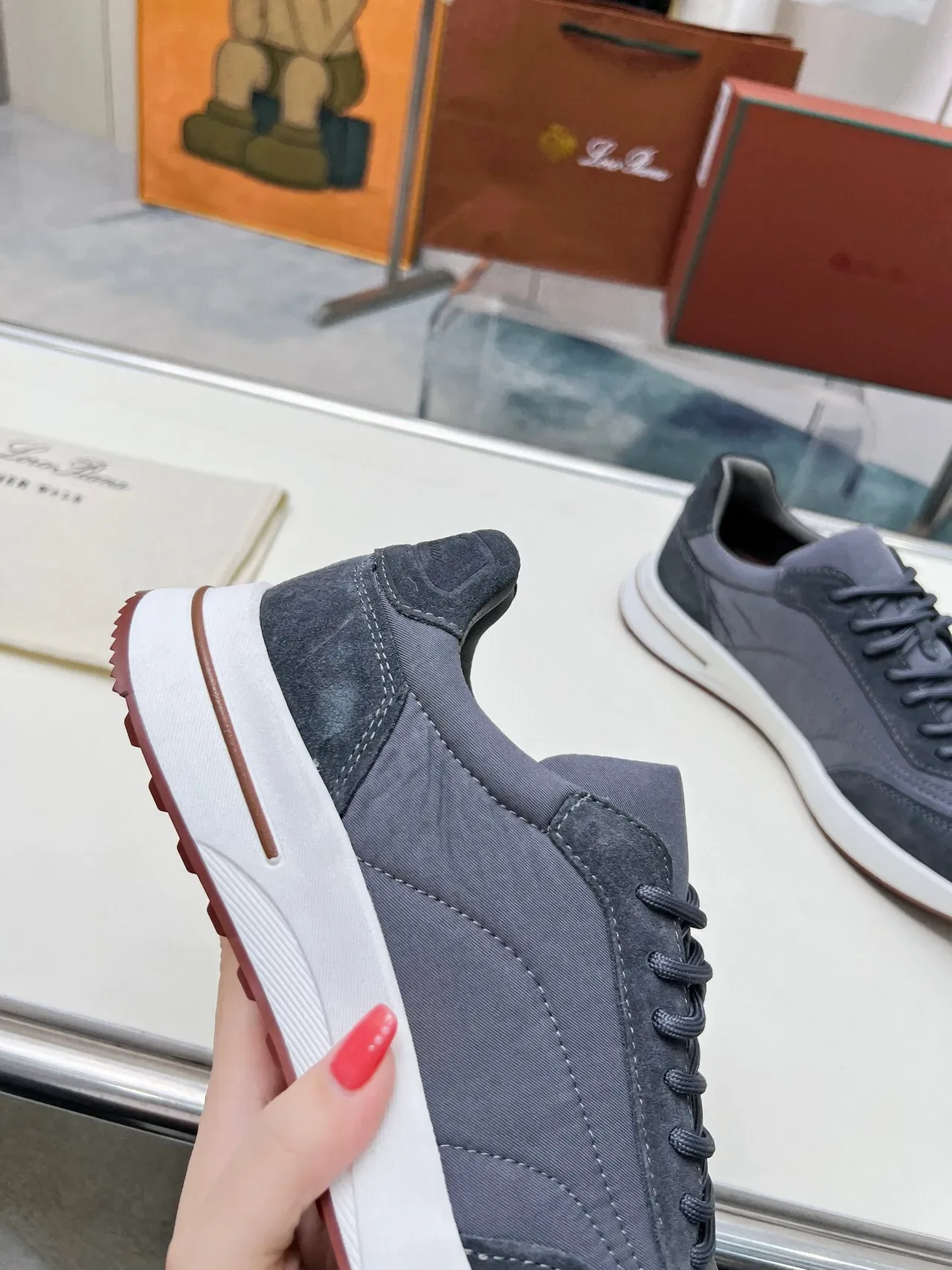 Loro Piana حذاء رياضي أسلوب حياة رمادي من السويد والنسيج 6