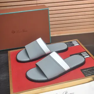 Loro Piana Gray White Double-Strap Minimalist Slippers