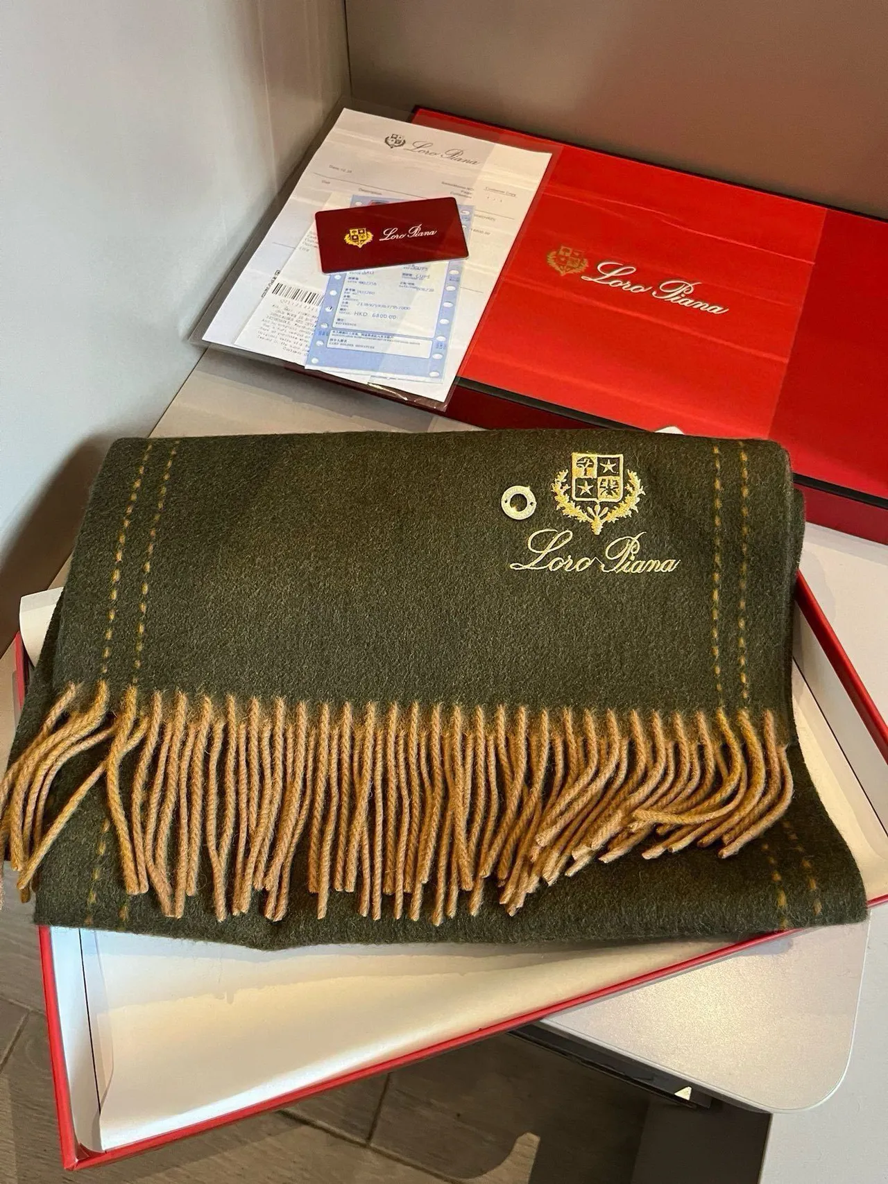Loro Piana Verde Vermelho Logo de Creste Bordado Topstitching de Contraste Cachemira Cachecol 7