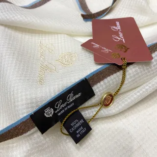Loro Piana White Blue Lightweight Weave Embroidered Logo Cashmere Scarf