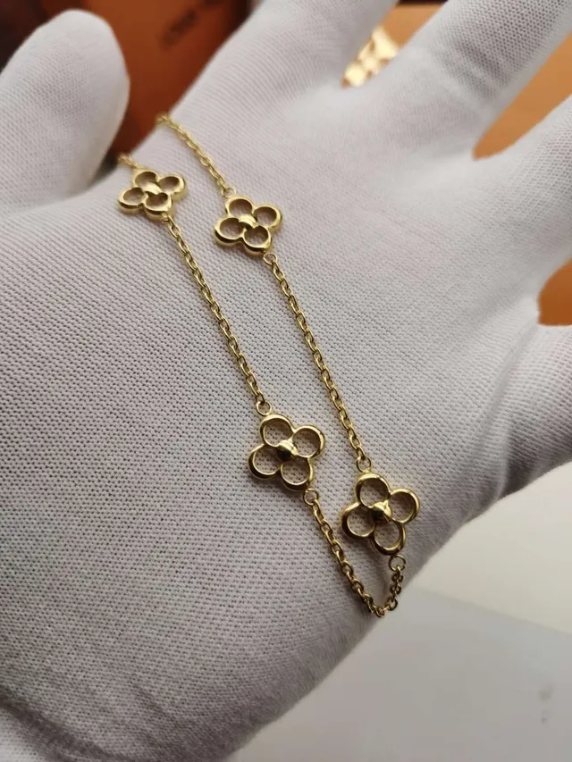 Louis Vuitton Alhambra Silver Gold Open Quatrefoil Links Polished Metal Chain Bracelet 9