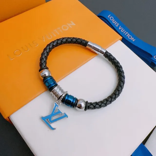 Louis Vuitton Black Blue Braided Leather Magnetic Clasp Bracelet 4