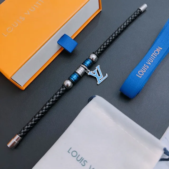 Louis Vuitton Black Blue Braided Leather Magnetic Clasp Bracelet 5