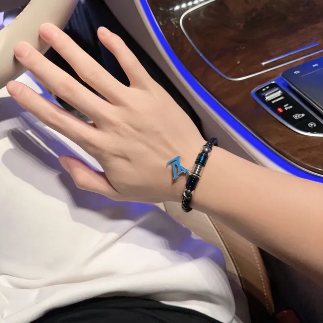 Louis Vuitton Black Blue Braided Leather Magnetic Clasp Bracelet 6