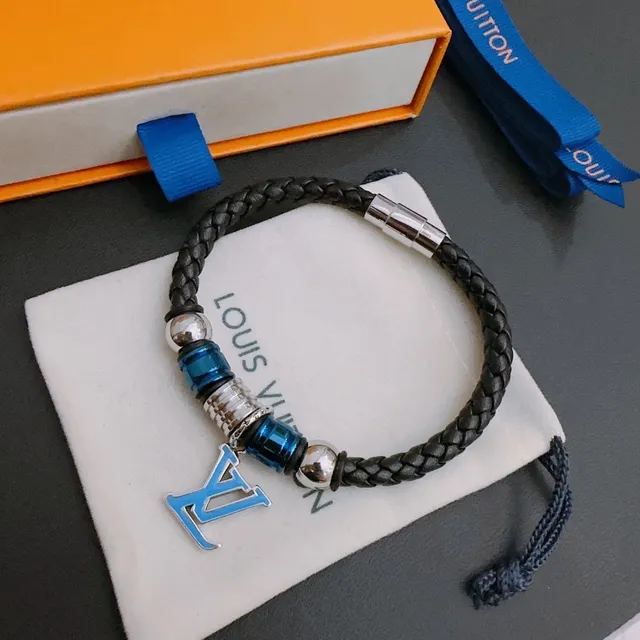 Louis Vuitton Black Blue Braided Leather Magnetic Clasp Bracelet 7