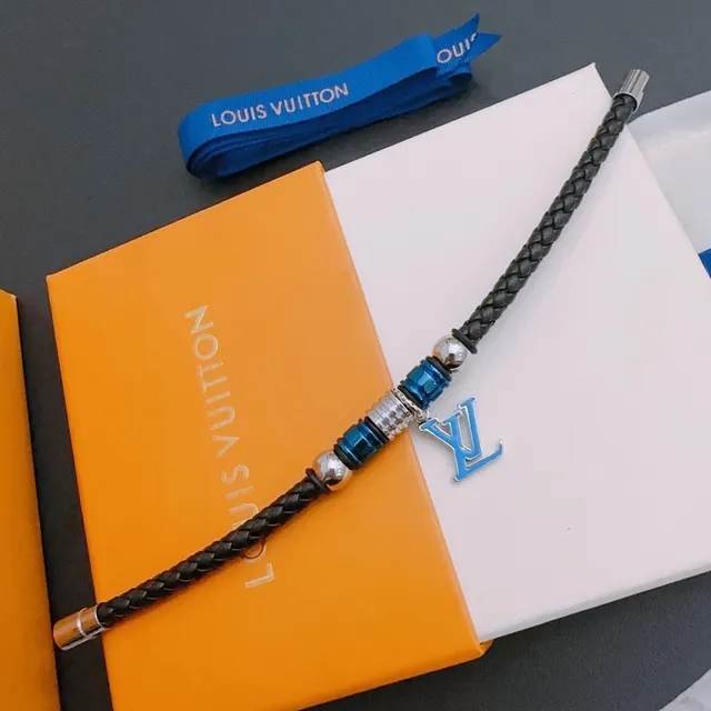 Louis Vuitton Black Blue Braided Leather Magnetic Clasp Bracelet 8