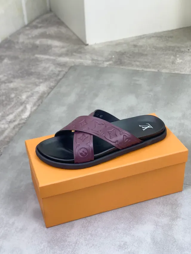 Louis Vuitton Black Burgundy Crossed-Strap Embossed Monogram Slippers 3