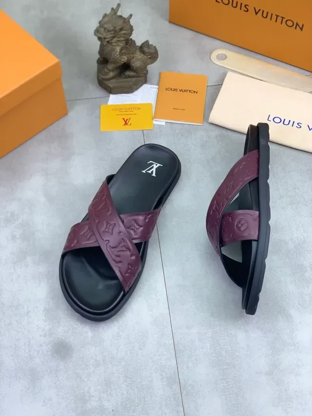 Louis Vuitton Black Burgundy Crossed-Strap Embossed Monogram Slippers 4
