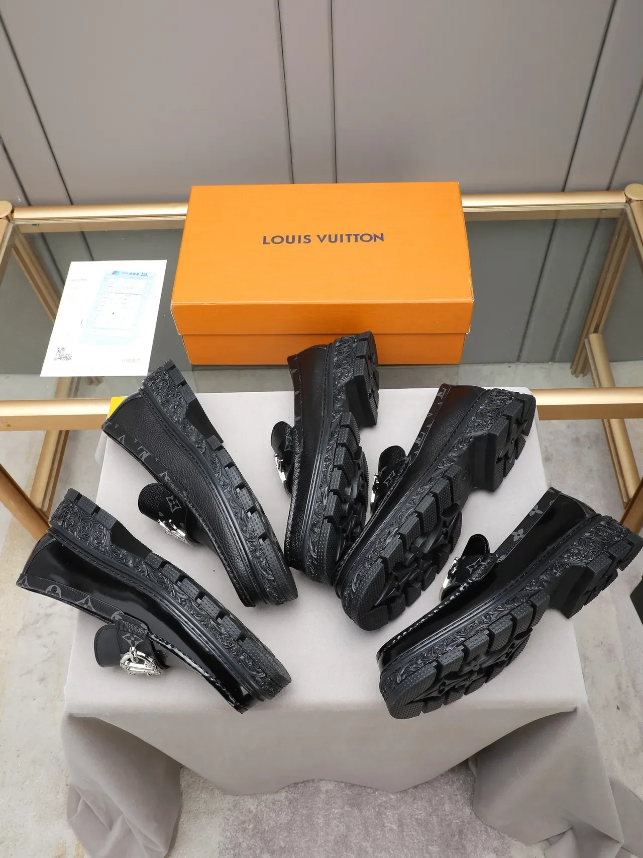 Louis Vuitton Black Silver Patent And Textured Leather Ornate Monogrammed Lug Sole Loafer 2