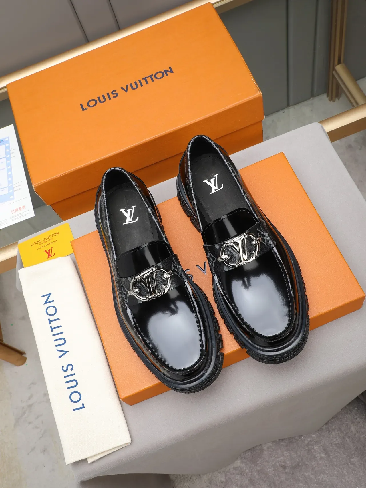 Louis Vuitton Black Silver Patent And Textured Leather Ornate Monogrammed Lug Sole Loafer 3