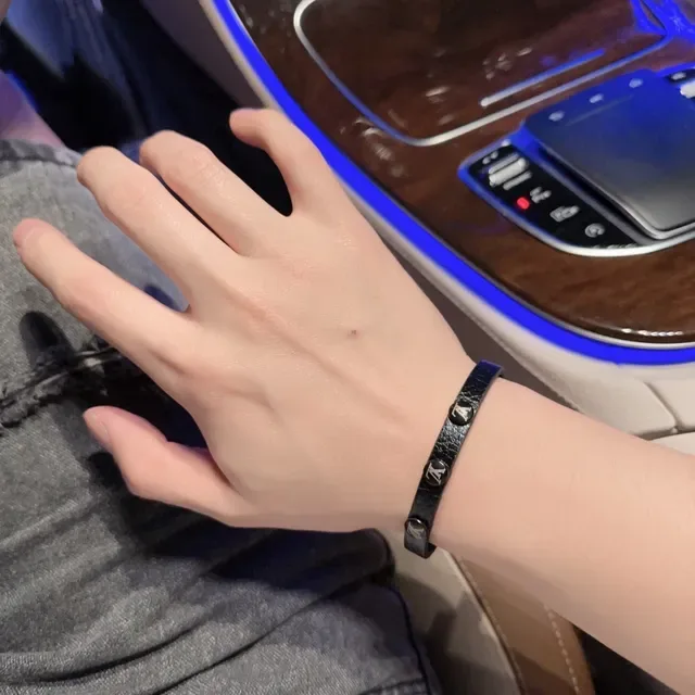 Louis Vuitton Black Silver Textured Leather Monogram-Studded Bracelet 2