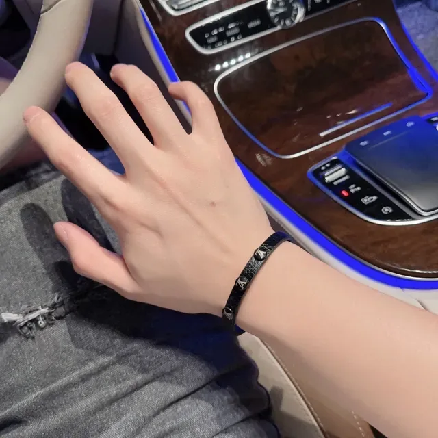 Louis Vuitton Black Silver Textured Leather Monogram-Studded Bracelet 4