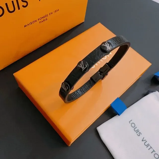 Louis Vuitton Black Silver Textured Leather Monogram-Studded Bracelet 5