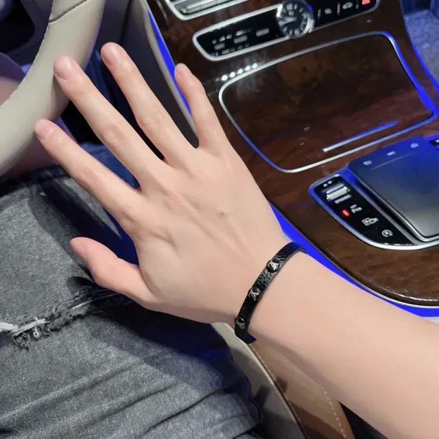 Louis Vuitton Black Silver Textured Leather Monogram-Studded Bracelet 7
