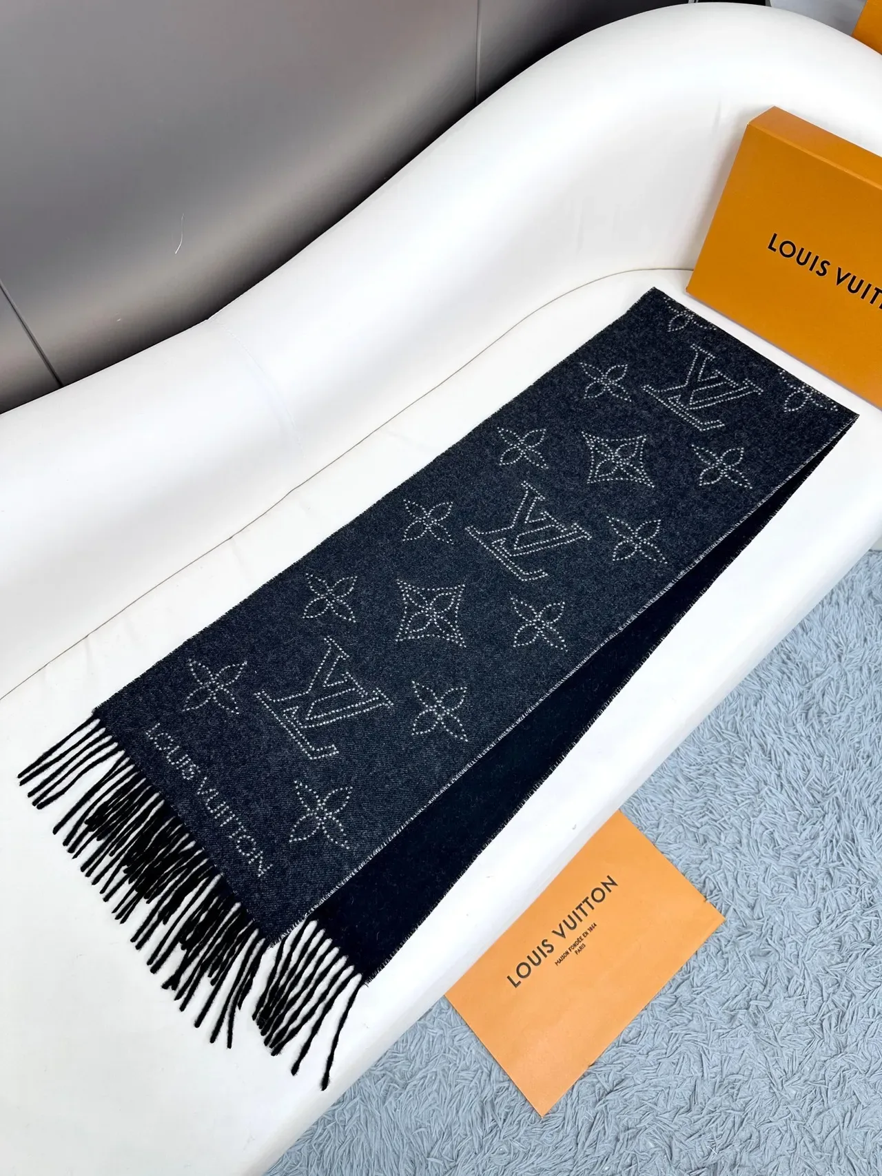 Louis Vuitton Black White Striped Fringed Scarve 8